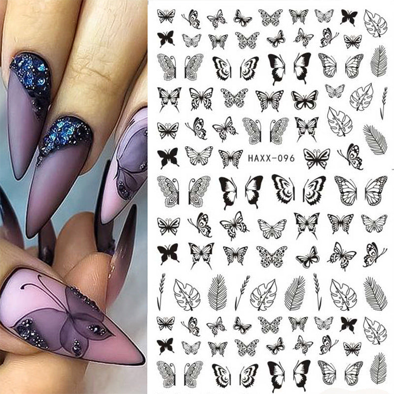 Black Butterfly White Flower Nail Stickers - 50 Pieces 1 Second | No Glue Gold Accents