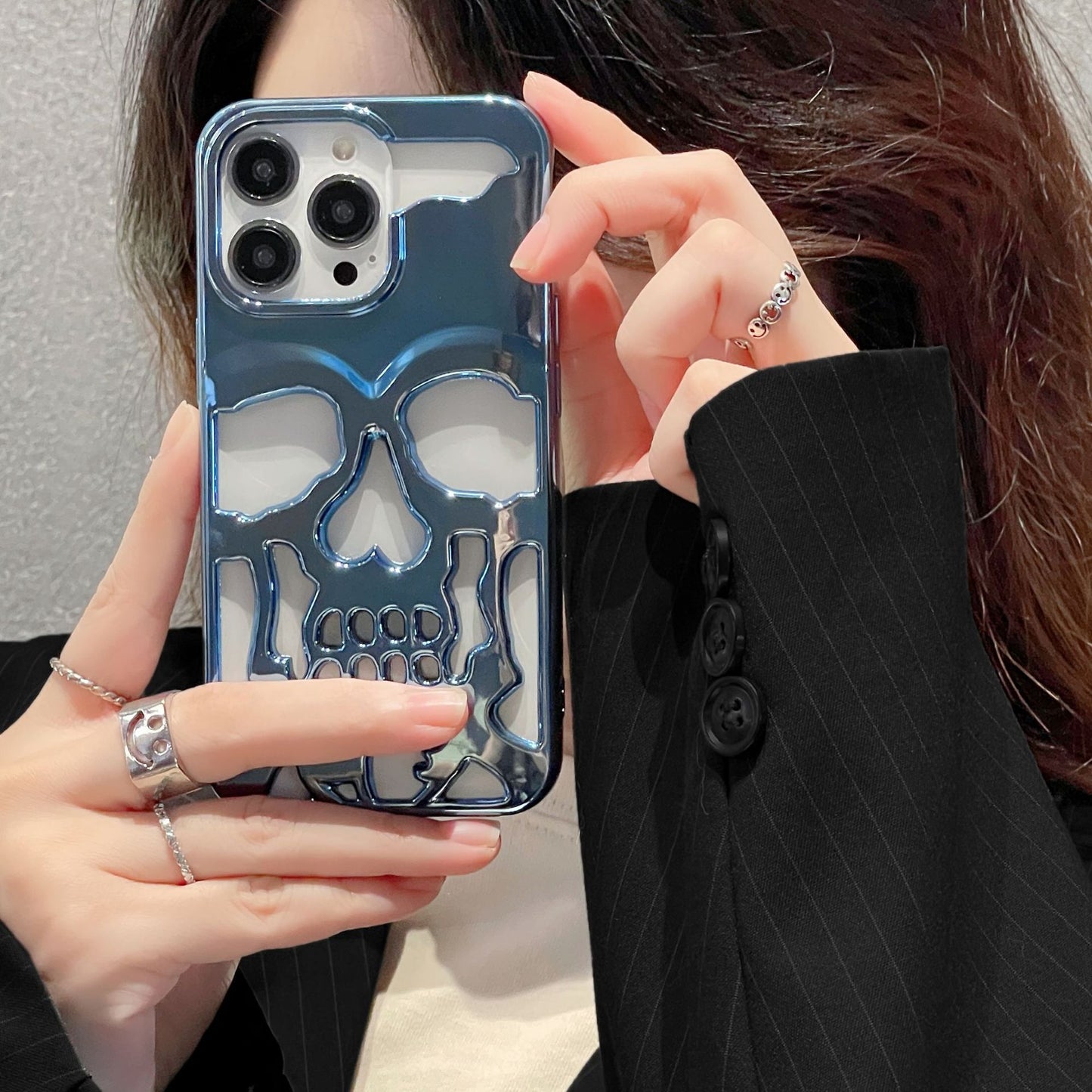 Lyxigt pläterat 3D-dödskalletelefonskal för iPhone 14 Pro Max 13 12 11 Plus Andningsbart Glansigt Ihåligt Guld Metallic Färg