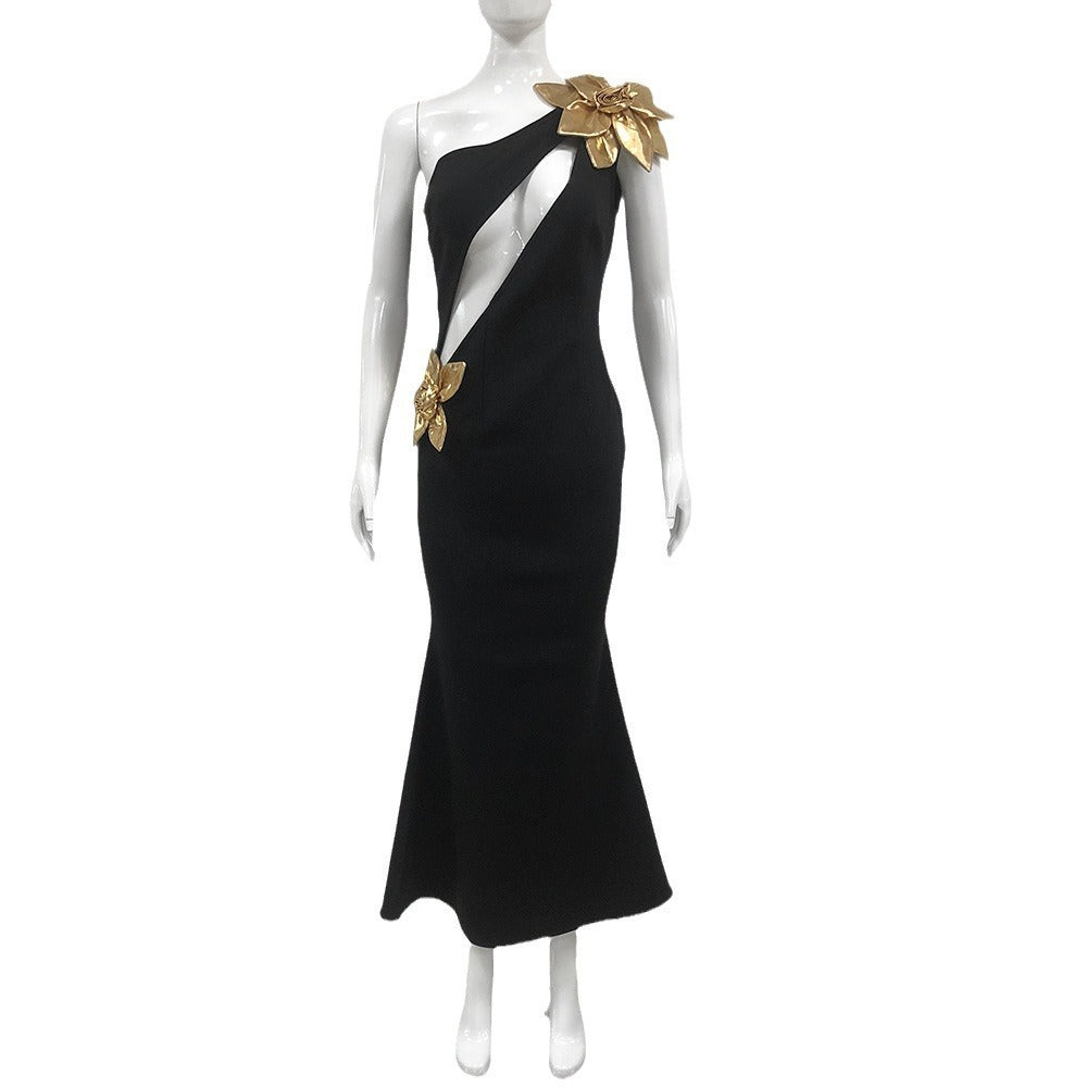 Slim-Fit Bandage Golden Flower Maxi Dress - Black Polyester