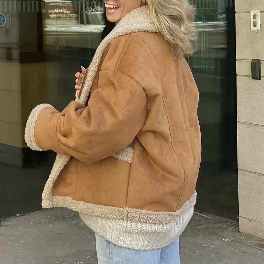 Lapel Woolen Coat With Pockets - Winter Fashion Loose Suede Short Top Women's Clothing
