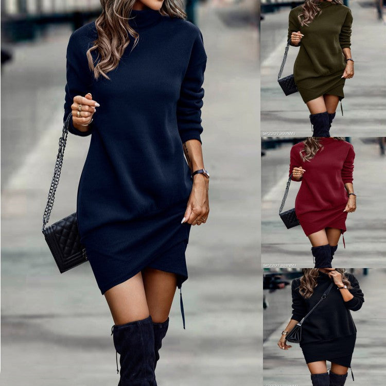 Robe à manches longues, couleur unie, col haut, robe courte croisée, vêtements pour femmes