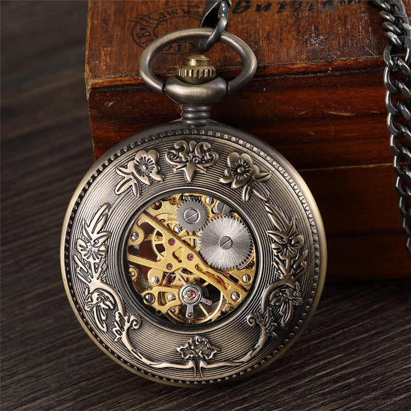 Large Flip Mechanical Pocket Watch Roman Carved Hollow Classic Mechanical Watch - Elegant Intricate Modern Reliable Artistry