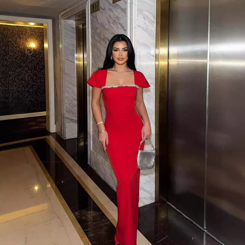 Luxury Solid Color Diamond Evening Dress
