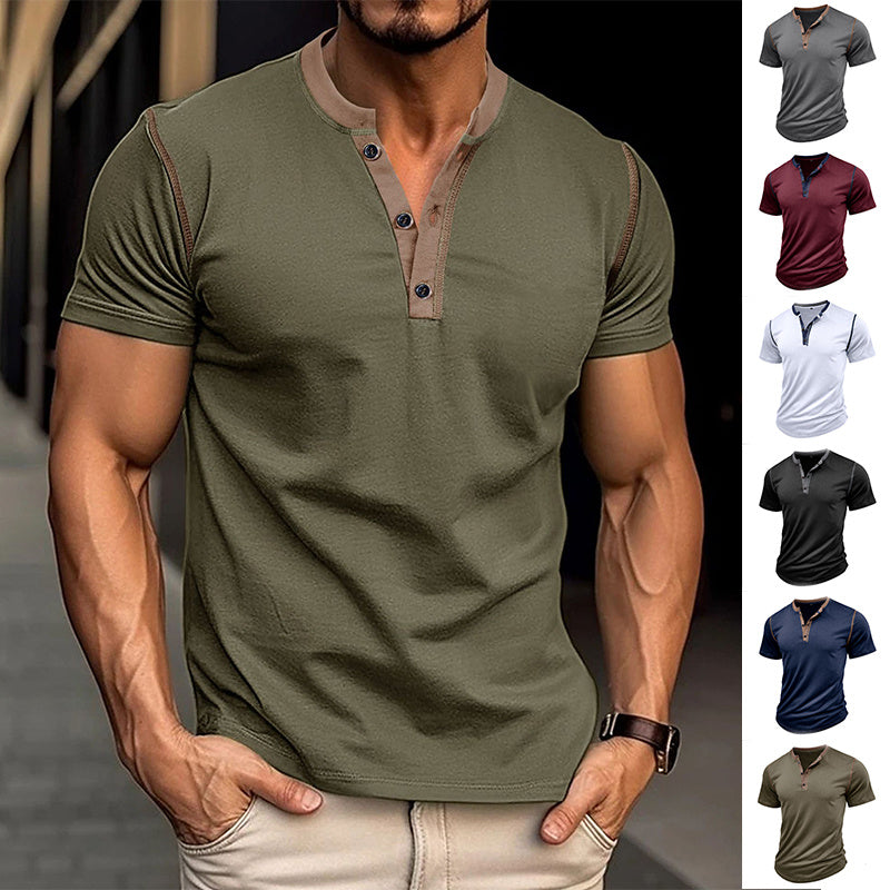 Mode Kortärmad Pikétröja Sommar Knapp V-ringad T-shirt Toppar Herrkläder