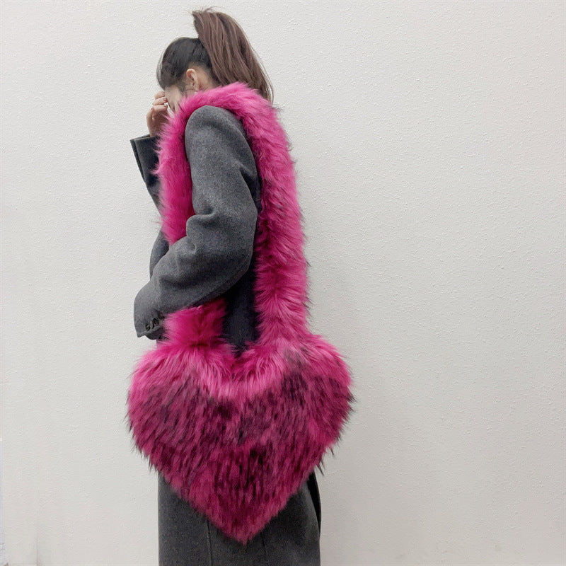 Sacs à bandoulière en polaire d'hiver pour femmes, sac à bandoulière en forme de cœur en peluche, sac d'amour de grande capacité