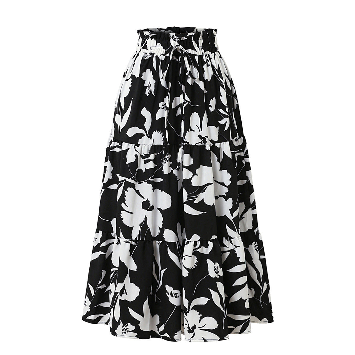 Professional European American Printed A-Line Pleated Skirt - Polyester Floral (5 Colors, S-XL, Commuting Style)