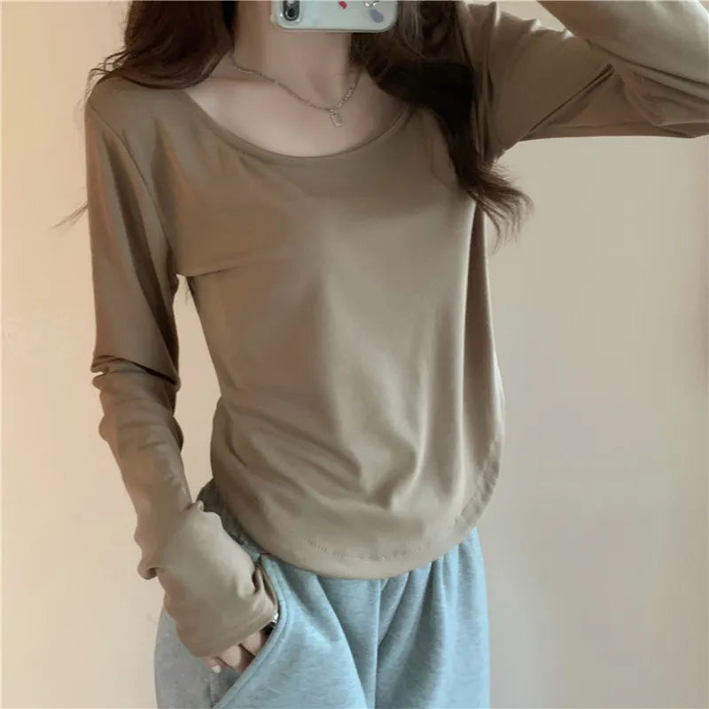 Women Long Sleeve Square Neck T-Shirt Spring And Autumn New Irregular Hem Slim Casual Top Girl Bottom Shirts