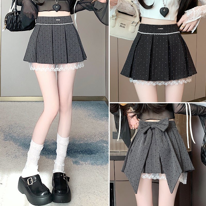 College Style Bow Polka Dot Suit Pleated Skirt