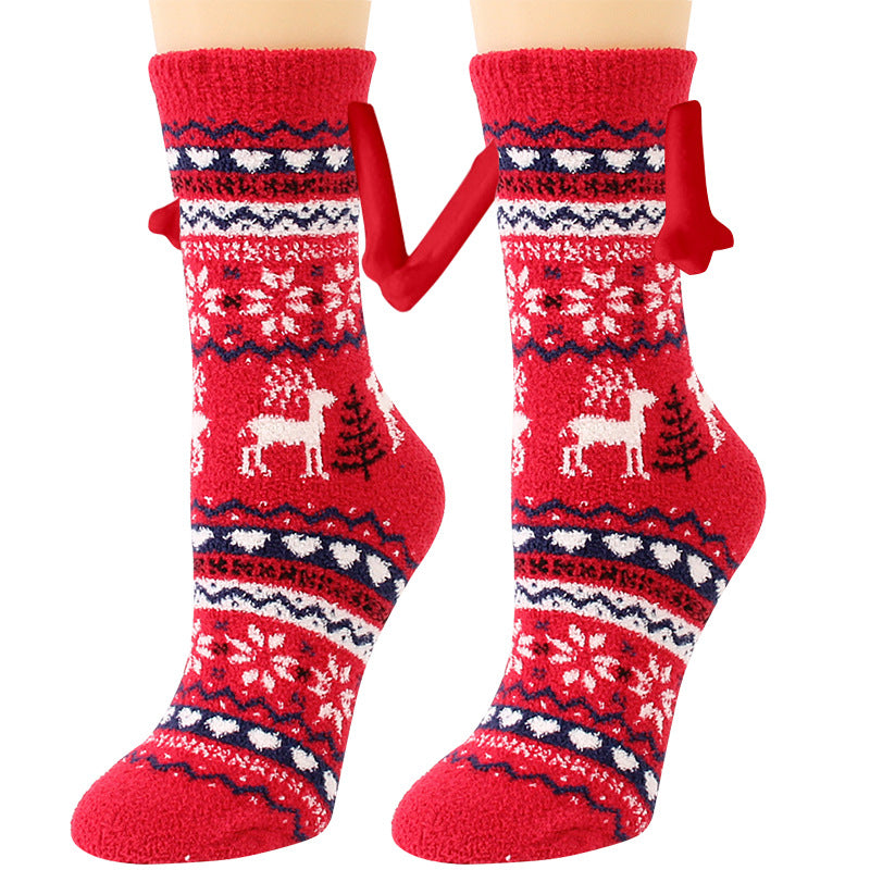 Jultillbehör Magnetsug Hand i Hand Parstrumpor Coral Fleece Tube Strumpor Varm Slipper Sängstrumpor Vinter Mjuk Varm Slipper