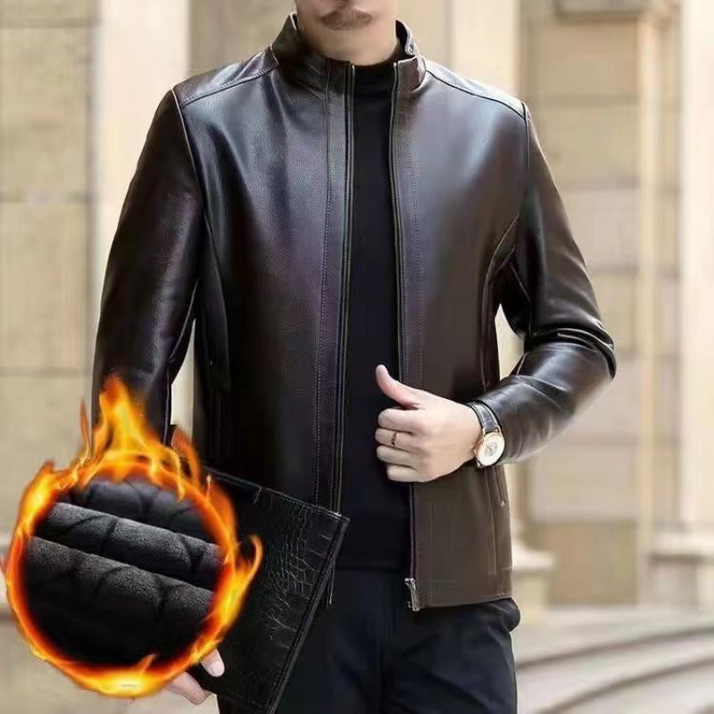 Veste en cuir pour hommes d'âge moyen vêtements en cuir avec col montant hommes doublés en polaire