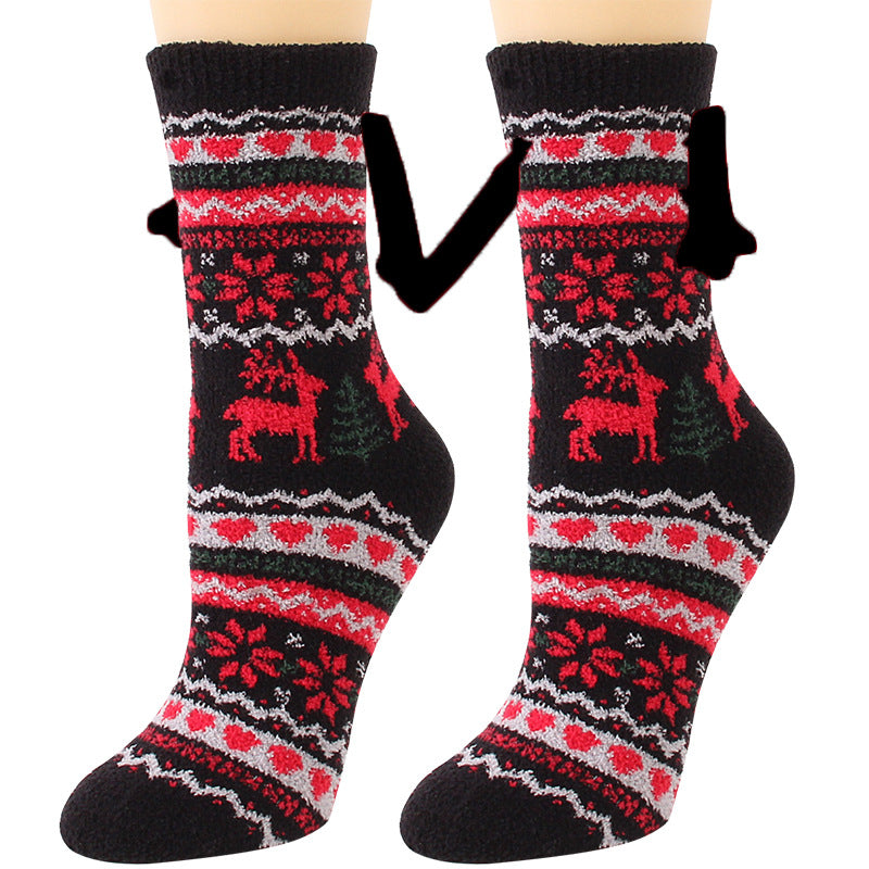Jultillbehör Magnetsug Hand i Hand Parstrumpor Coral Fleece Tube Strumpor Varm Slipper Sängstrumpor Vinter Mjuk Varm Slipper