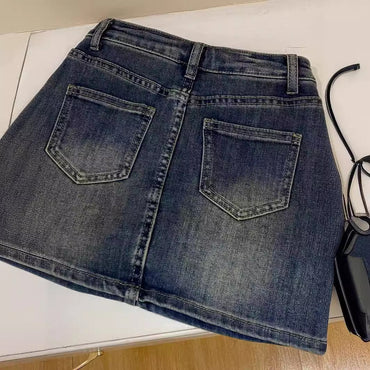 Retro Blue High Waist Slimming Denim Skirt For Women