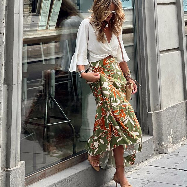 Professional Female Print Holiday Casual Skirt - Polyester Vacation (Green, S-XXL, Socialite Long)