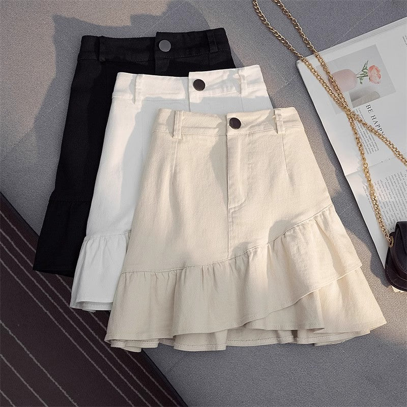 Professional Women's Elastic Waist Mid-Length Stitching Solid Skirt - Polyester A-Line (White/Yellow, S-L, Japanese Korean Casual)