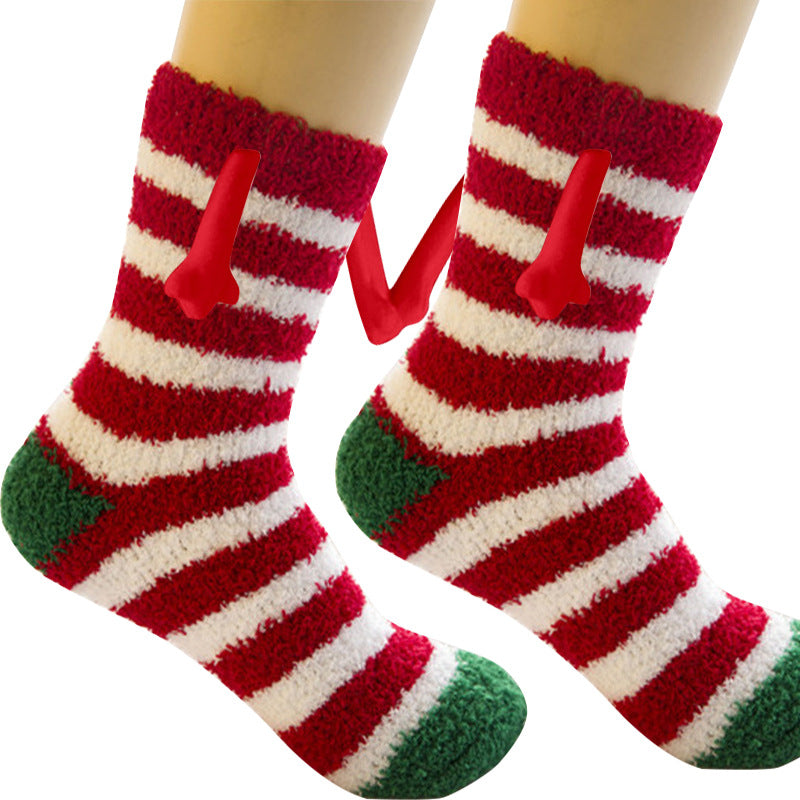 Jultillbehör Magnetsug Hand i Hand Parstrumpor Coral Fleece Tube Strumpor Varm Slipper Sängstrumpor Vinter Mjuk Varm Slipper