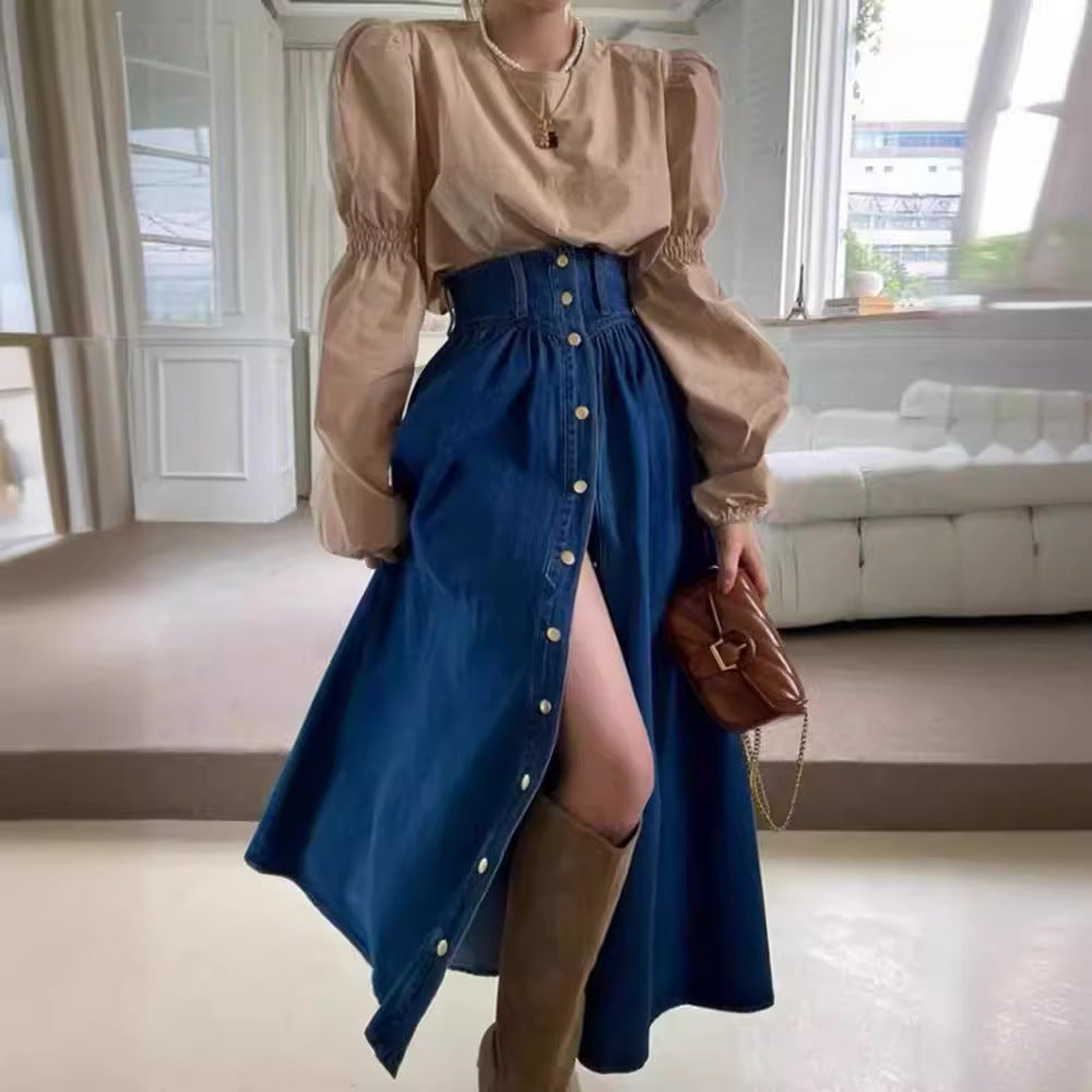 Professional Fashion Slimming Single-Breasted Denim Skirt - Cotton Construction (Dark/Light Blue, Free Size, Street Style)