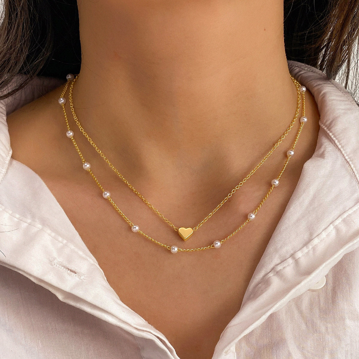 Modesmycken dam pärltofs hänge dubbla lager halsband Guld pärlhalsband för kvinnor