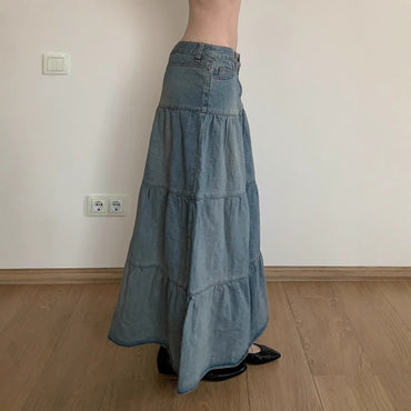 Holiday Fashion: Low Waist Denim Skirt - Cotton Flounced (Blue, S-L, Street Hipster)