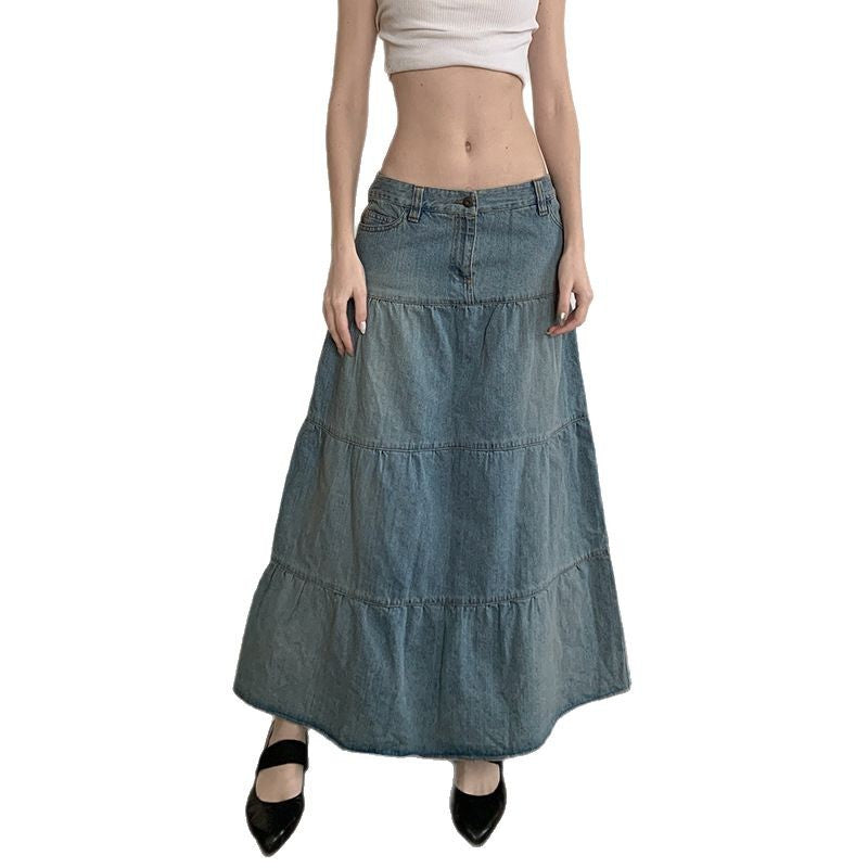 Holiday Fashion: Low Waist Denim Skirt - Cotton Flounced (Blue, S-L, Street Hipster)