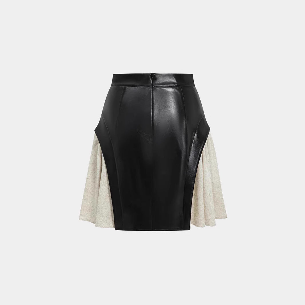 Professional New High Waist PU Stitching Patchwork Skirt - Polyester Construction (Black, S-XXL, Temperament Commute)
