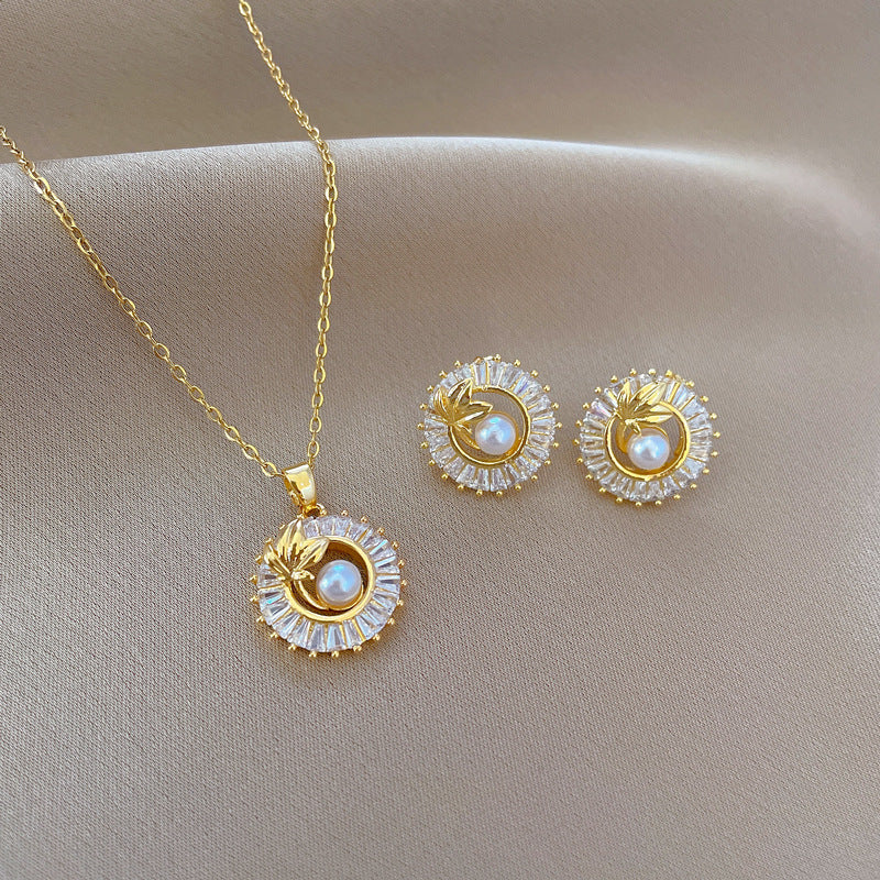 Mode smycken fyrkantig hel diamant personlig rund ring blad halsband och örhängen Suite