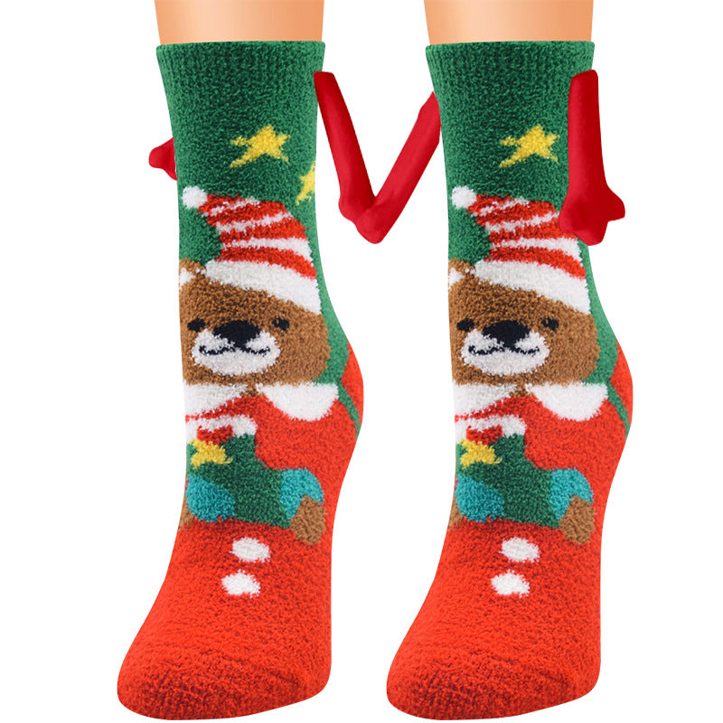 Jultillbehör Magnetsug Hand i Hand Parstrumpor Coral Fleece Tube Strumpor Varm Slipper Sängstrumpor Vinter Mjuk Varm Slipper