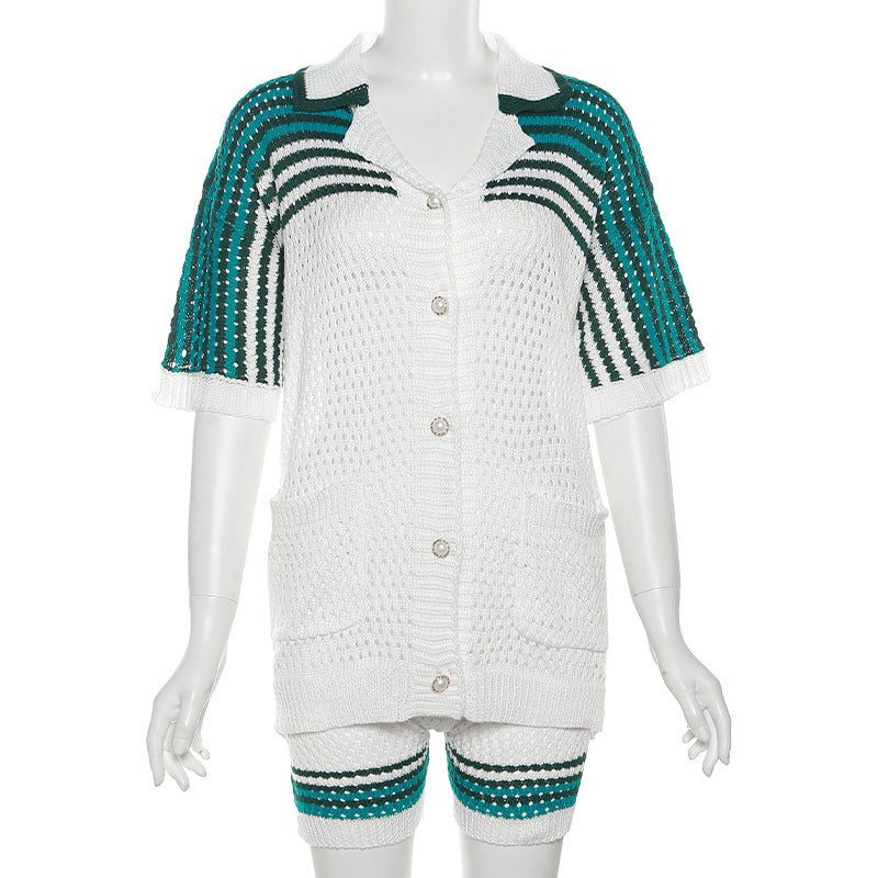 Sommarmode Urholkad Polokrage Topp Hög Midja Shorts Stickad Casual Kostym