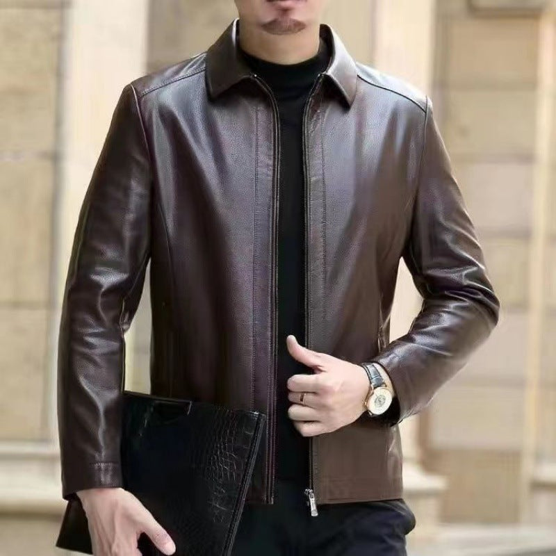 Veste en cuir pour hommes d'âge moyen vêtements en cuir avec col montant hommes doublés en polaire