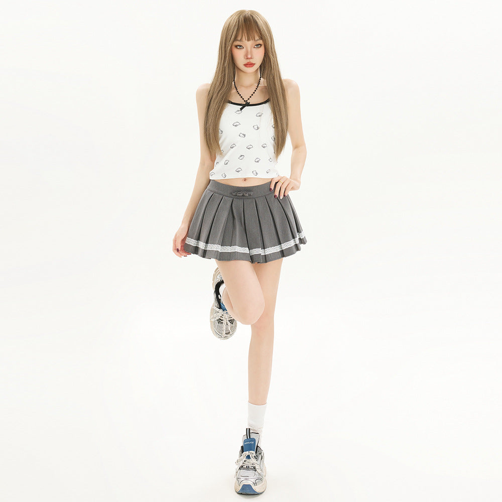 Sweet All-matching Bow Lace Stitching Half-length Pleated Skirt