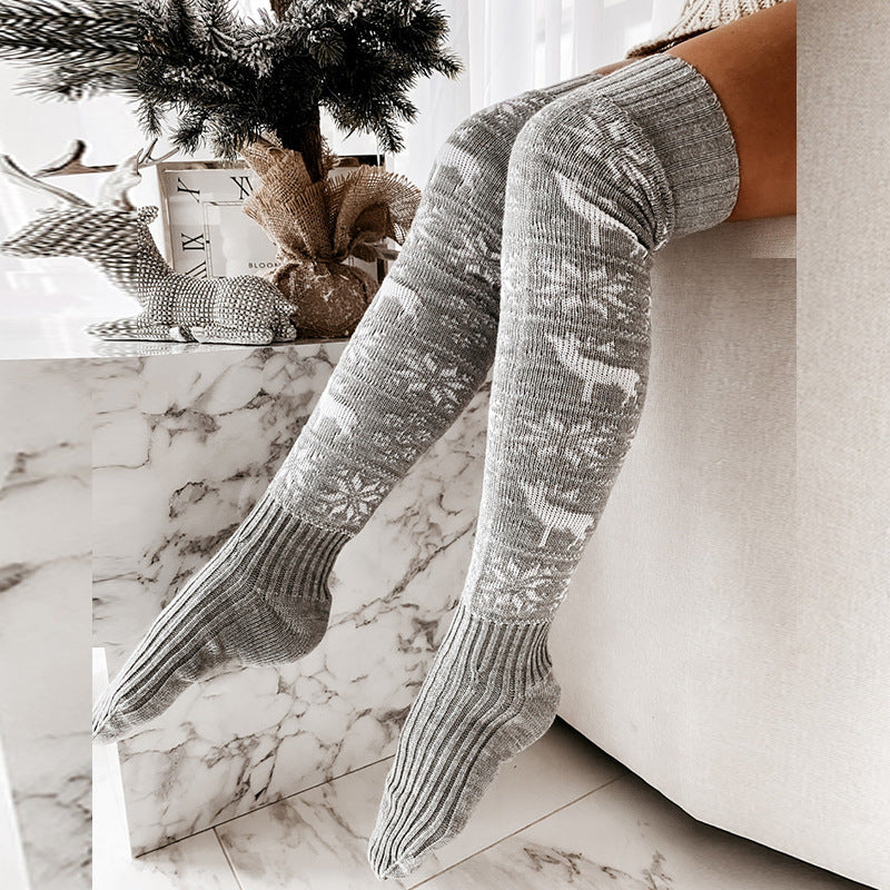 Vinter jul Varm stickad damstrumpa Vacker älg snöflinga jacquard över knäet Casual långa strumpor för dam presenter gratis storlek