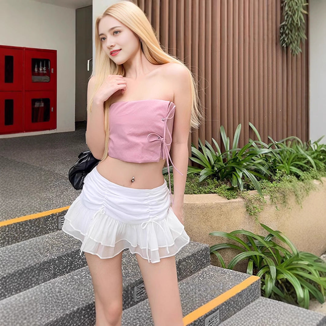 Professional Women's Sweet Girl Pleated Lace-Up Mesh Slimming Skirt - Stitching Design (Breathable Comfort, Versatile Occasions)