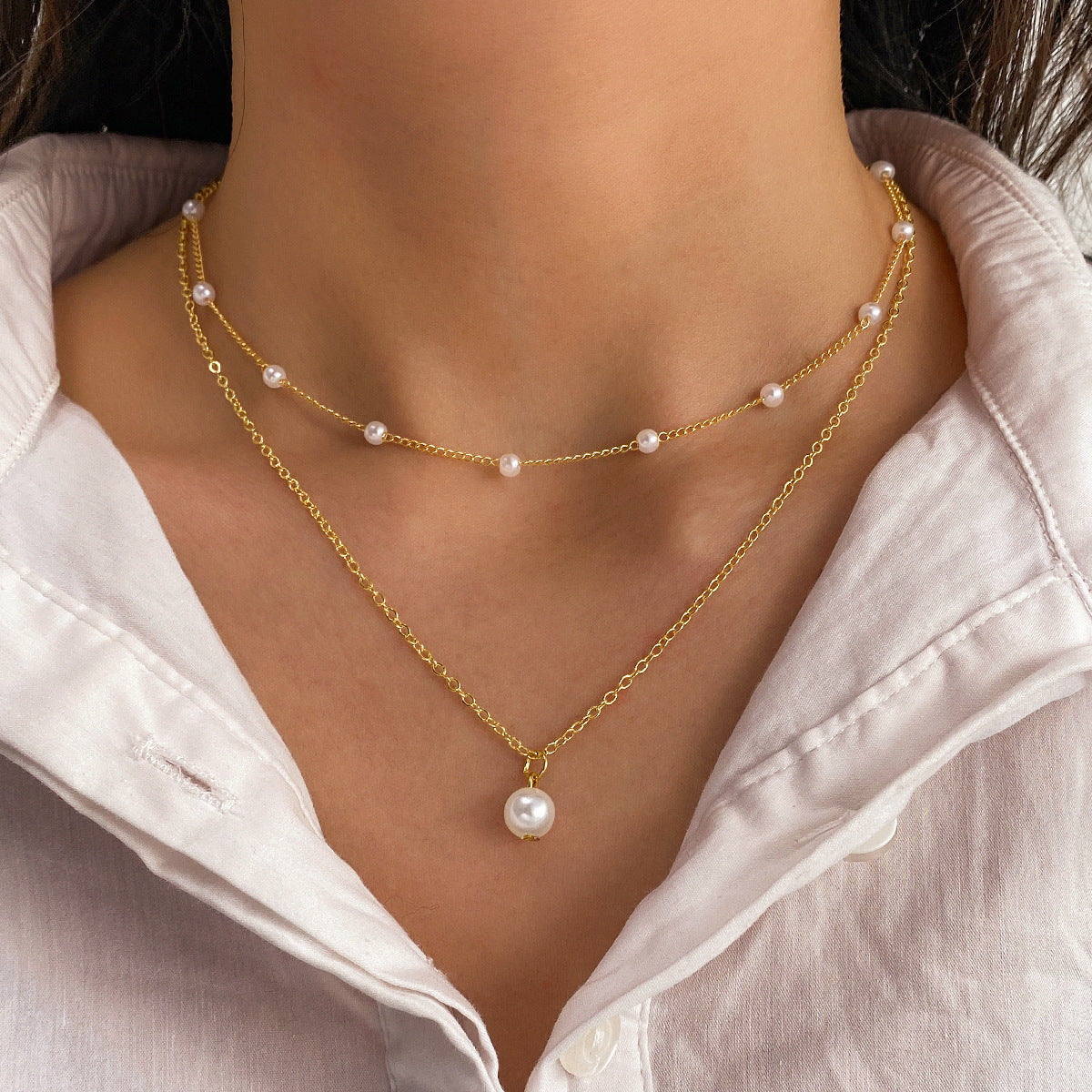 Modesmycken dam pärltofs hänge dubbla lager halsband Guld pärlhalsband för kvinnor