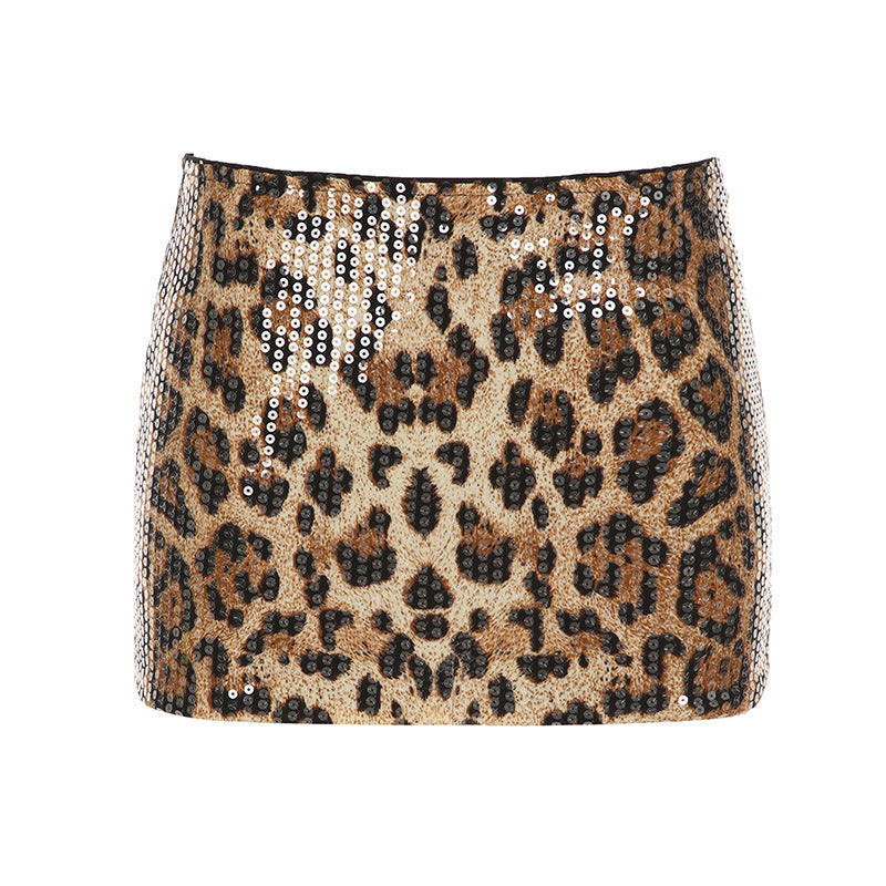 Women's Leopard Print Sequin Hip Skirt - Stretch Knit Design