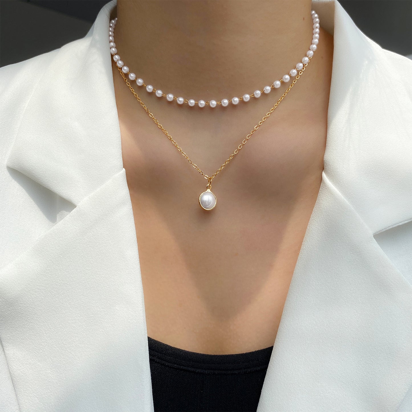 Modesmycken dam pärltofs hänge dubbla lager halsband Guld pärlhalsband för kvinnor
