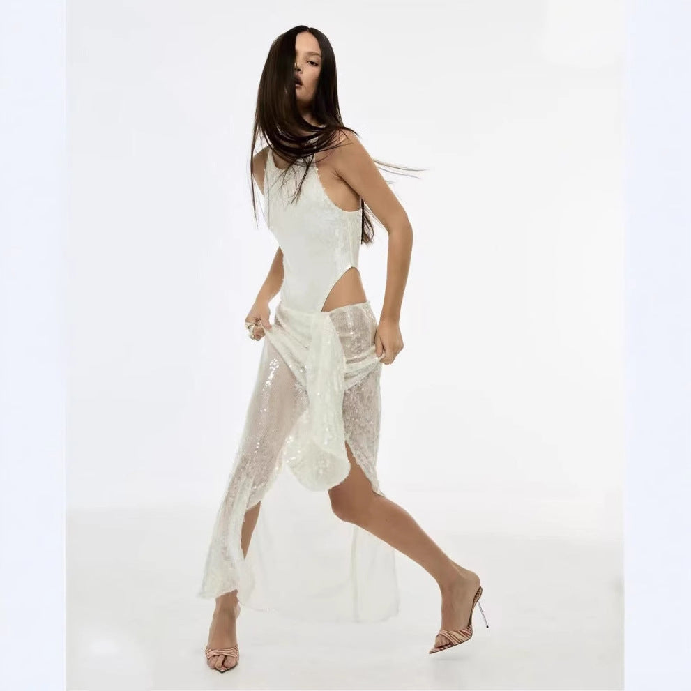 Vår- och sommarmode paljettärmlös delad midja outfit tvåvägs jumpsuit kjol