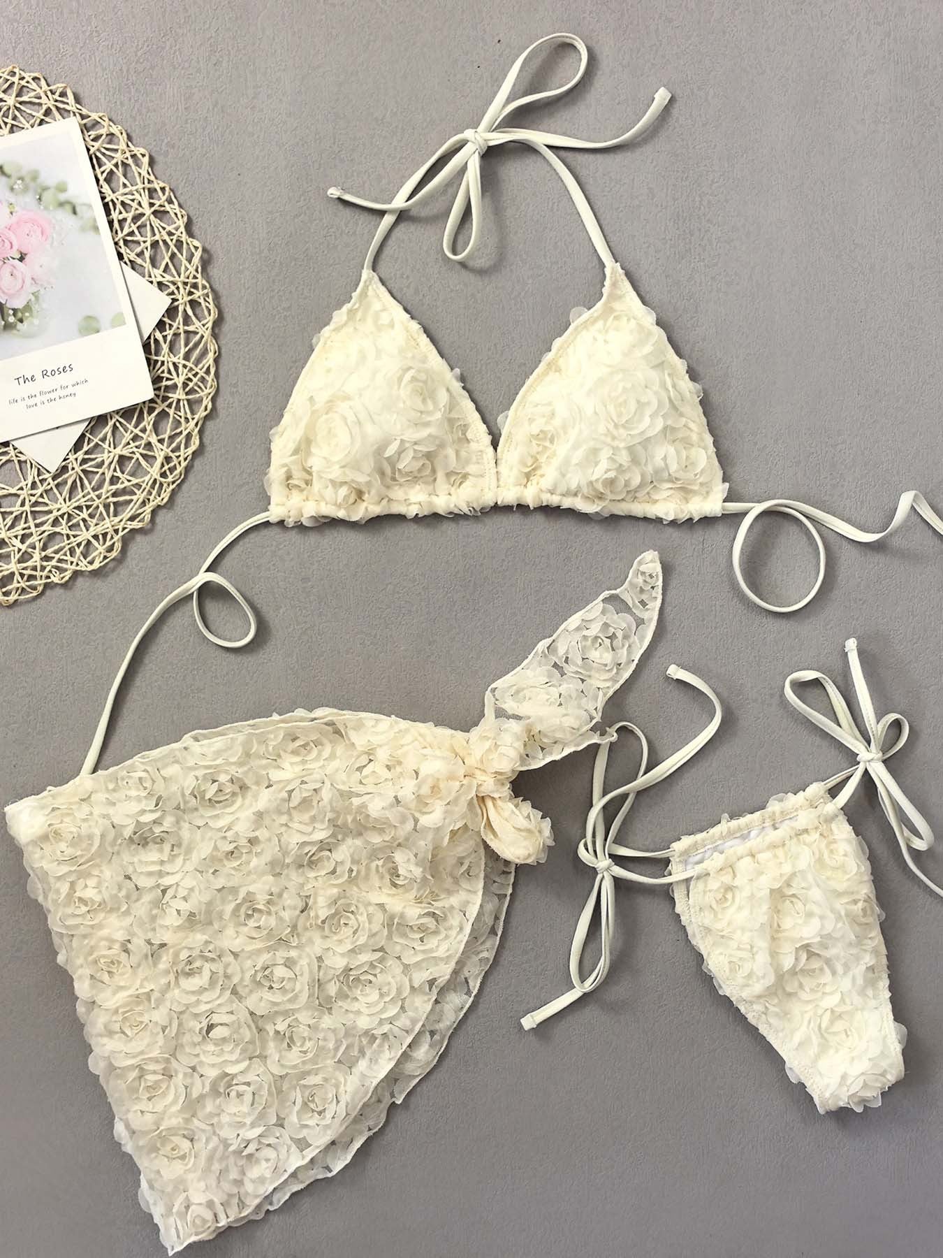 New Bikini Flower Three-piece Set Sexy Lace-up
