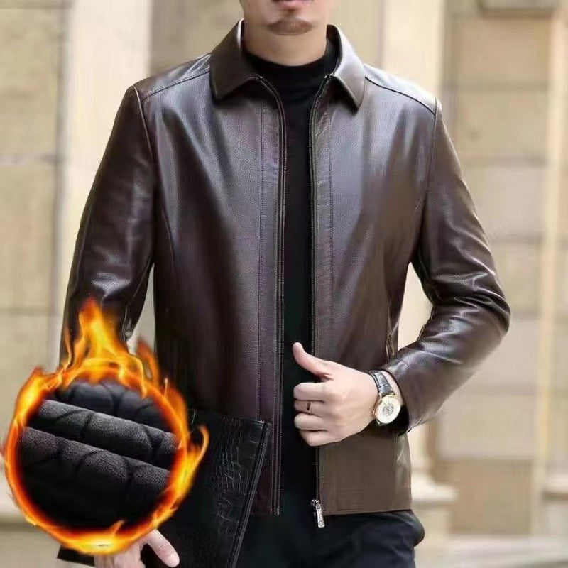 Veste en cuir pour hommes d'âge moyen vêtements en cuir avec col montant hommes doublés en polaire