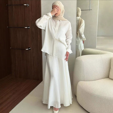 Professional Middle East Arab Women's Skirt Suit - Polyester Elegant (Gray/Beige, S-XL, Long Skirt Set)