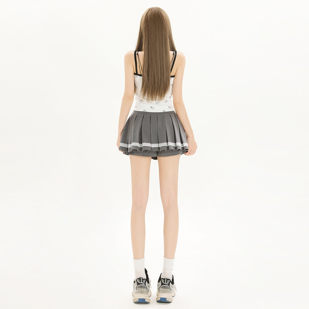 Sweet All-matching Bow Lace Stitching Half-length Pleated Skirt