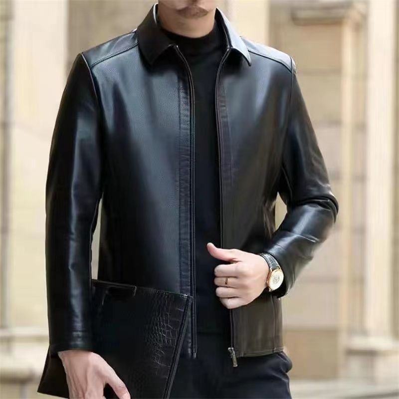 Veste en cuir pour hommes d'âge moyen vêtements en cuir avec col montant hommes doublés en polaire