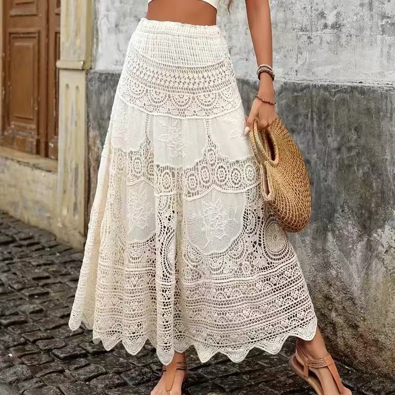 Retro Hollow Knitted Big Hem Skirt Women
