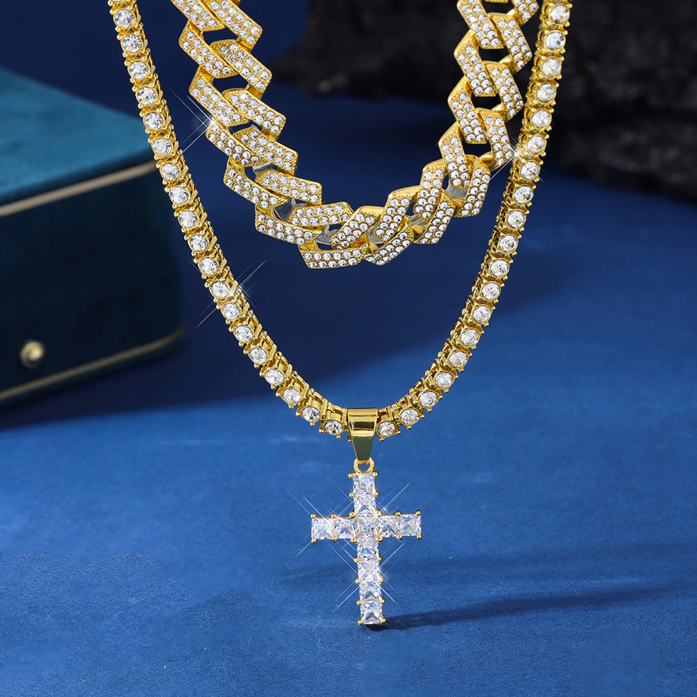 Zircon Croix Pendentif Collier Hip Hop Plein Miami Curb Chaîne Cubaine Glacé Pavé Strass Bling Rappeur Colliers Pour Hommes Hommes Et Femmes Clavicule Chaîne Bijoux