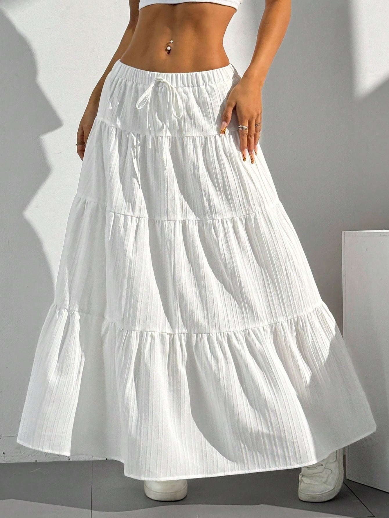Professional White Lace-Up Large Swing Umbrella Skirt - Polyester Princess Style (4 Colors, S-XL, Fresh Sweet)