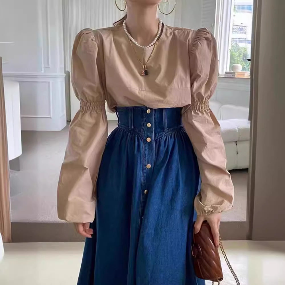 Professional Fashion Slimming Single-Breasted Denim Skirt - Cotton Construction (Dark/Light Blue, Free Size, Street Style)