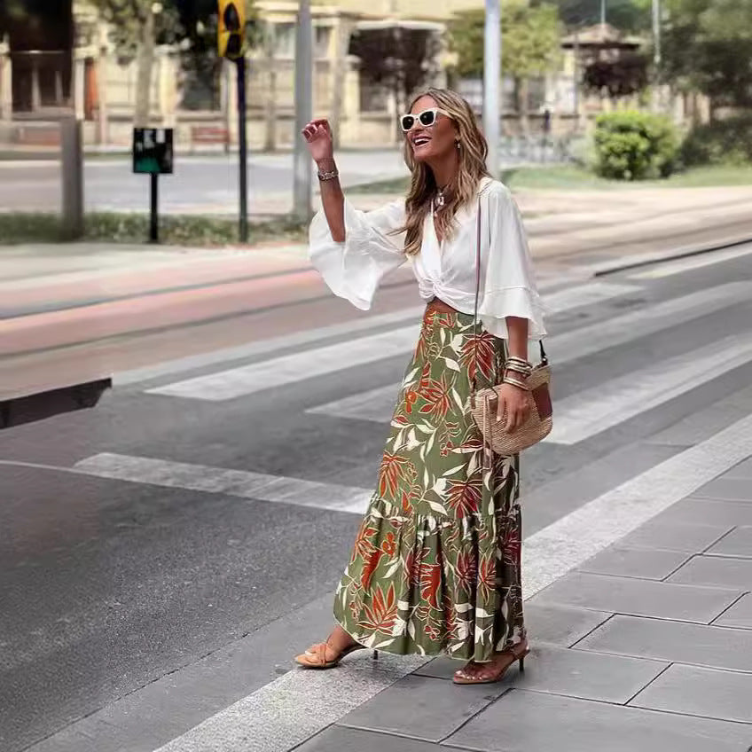 Professional Female Print Holiday Casual Skirt - Polyester Vacation (Green, S-XXL, Socialite Long)