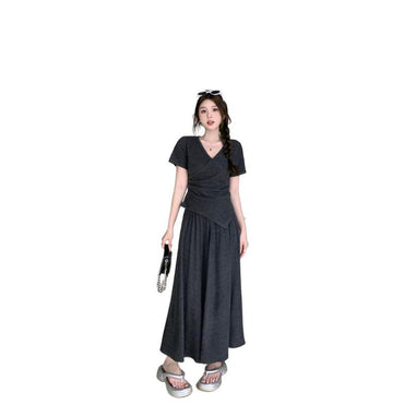 Professional Casual Short-Sleeved Top Skirt Elegant Set - Spandex Chenille (2 Colors, M-4XL, Private Socialite)
