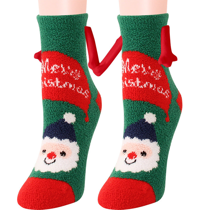Jultillbehör Magnetsug Hand i Hand Parstrumpor Coral Fleece Tube Strumpor Varm Slipper Sängstrumpor Vinter Mjuk Varm Slipper