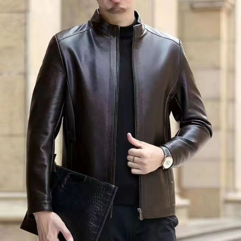 Veste en cuir pour hommes d'âge moyen vêtements en cuir avec col montant hommes doublés en polaire