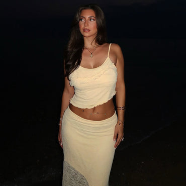 Lace See-through Wooden Ear Navel Vest High Waist Skirt Two-piece Set