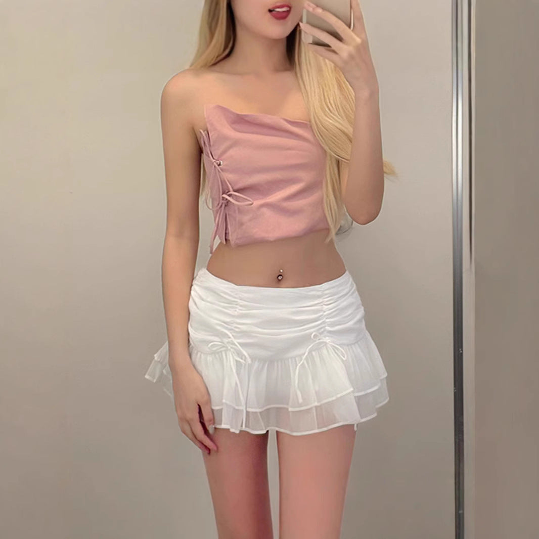 Professional Women's Sweet Girl Pleated Lace-Up Mesh Slimming Skirt - Stitching Design (Breathable Comfort, Versatile Occasions)